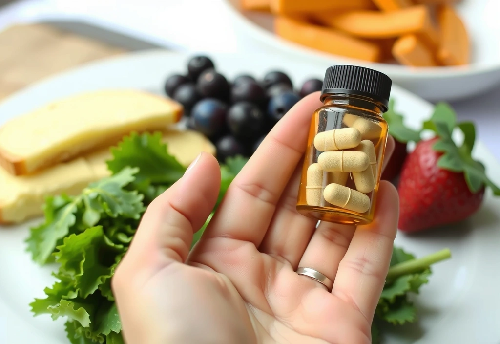 A close-up of a hand holding a small bottle of supplement pills, with a blurred background of a healthy breakfast, suggesting wellness and nutrition.