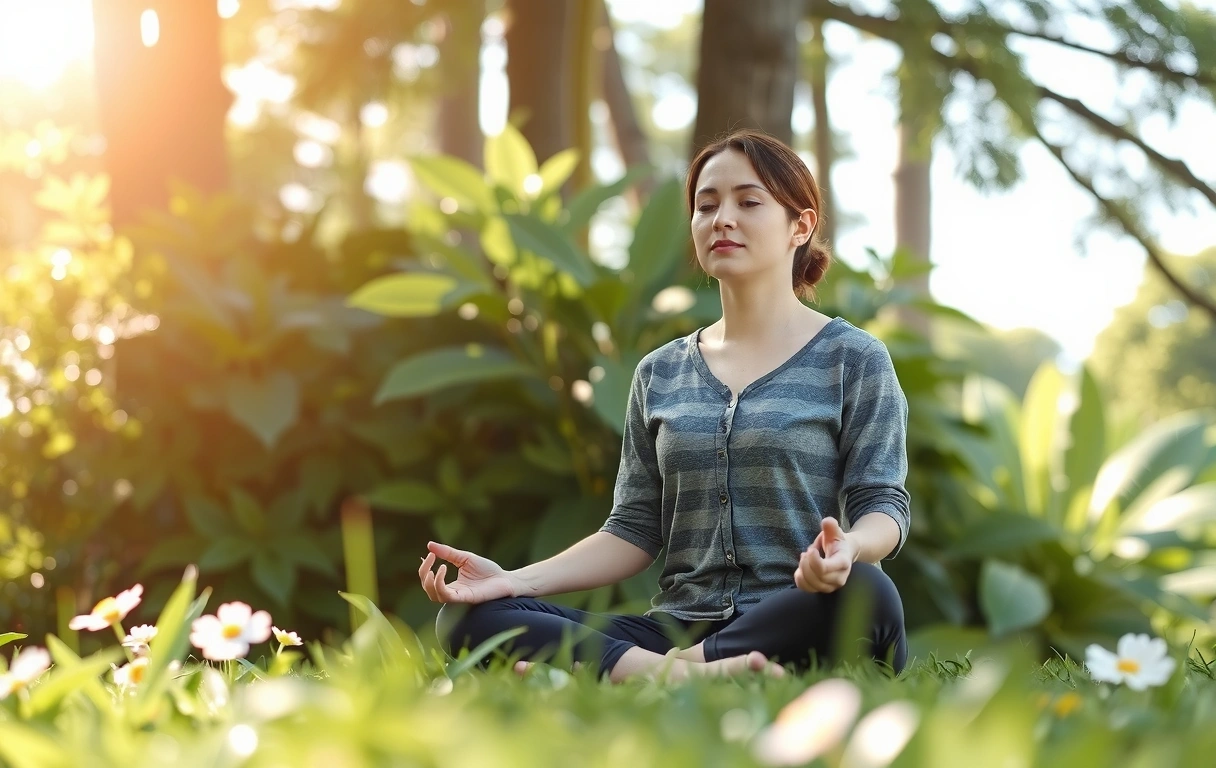A person meditating calmly in a serene, sunlit natural environment, surrounded by green foliage and soft light. The person appears peaceful and balanced, embodying the effects of stress reduction. No text or branding.