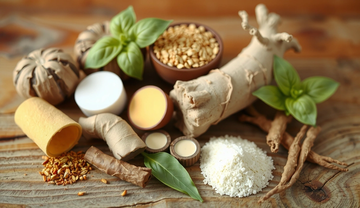 A vibrant collection of adaptogenic herbs and roots, such as Ashwagandha, Rhodiola, Ginseng, and Holy Basil, elegantly arranged on a natural wooden surface. The lighting is soft and warm, highlighting their organic textures and earthy colors. No text or human elements.