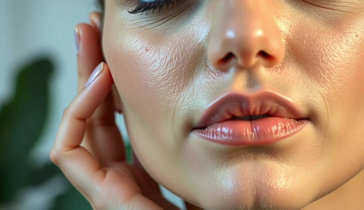 A woman with glowing, healthy skin, gently touching her face, surrounded by soft, natural light, no text or inscriptions.