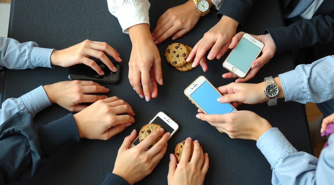 Diverse hands interacting with various digital devices, representing third-party cookie interactions
