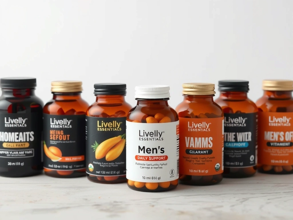 Elegantly arranged bottles of Men's Daily Support vitamins