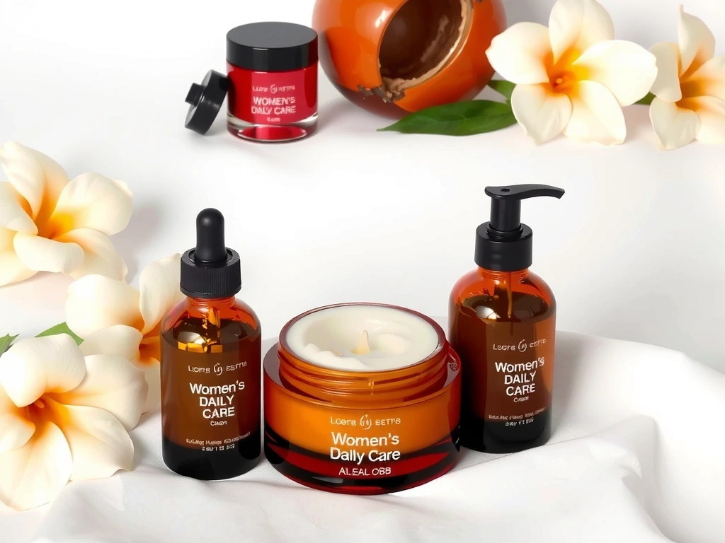 Elegantly arranged jars and bottles of Women's Daily Care skincare products