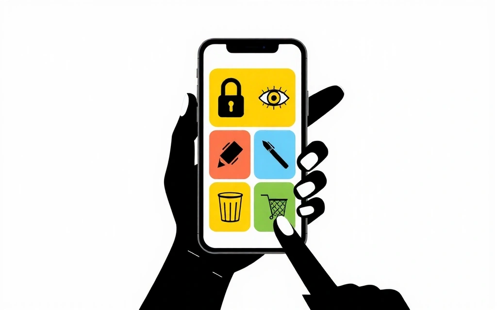A person holding a smartphone with various privacy settings and rights icons, symbolizing user control over personal data.